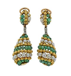  Mid Century 18K Gold Diamond Pearl Emerald Earrings