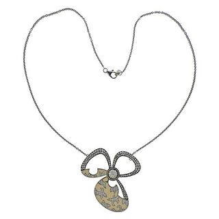  18k Gold Diamond Enamel Pendant Necklace