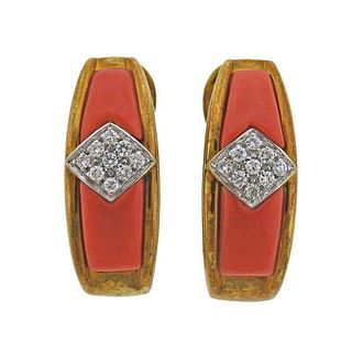 18k Gold Diamond Coral Hoop Earrings