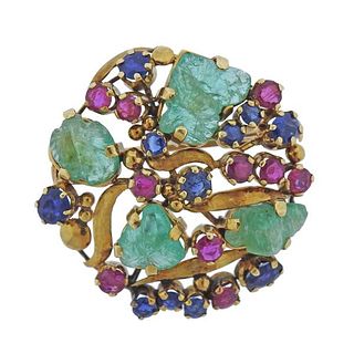 18K Gold Carved Emerald Sapphire Ruby Brooch Pin