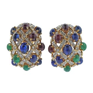 18k Gold Diamond Ruby Emerald Sapphire Cocktail Earrings