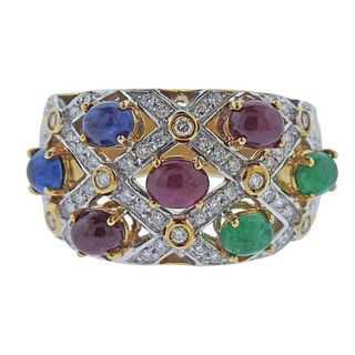 18k Gold Diamond Ruby Emerald Sapphire Cocktail Ring