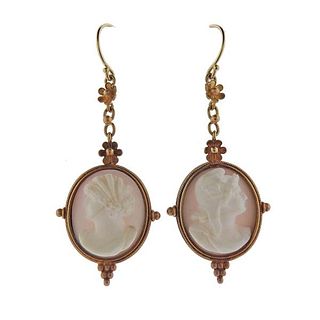 Antique 18K Gold Coral Cameo Drop Earrings