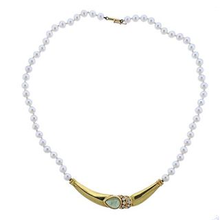 18k Gold Green Tourmaline Pearl Diamond Necklace 