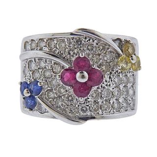 18k Gold Multi Color Sapphire Flower Ring