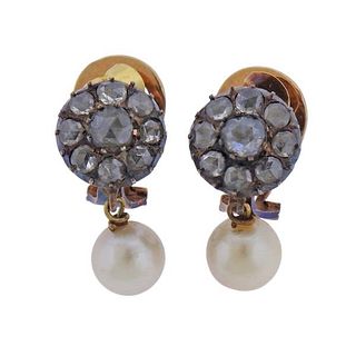 Antique 18K Gold Silver Diamond Pearl Earrings