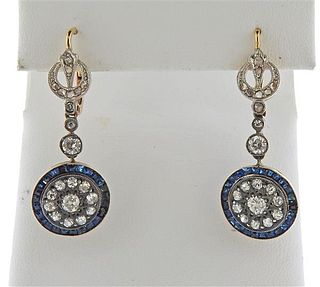 Antique 18k Gold Platinum Diamond Synthetic Sapphire Earrings