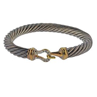 David Yurman Silver 18K Gold Diamond Hook Cable Bracelet