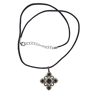 David Yurman Silver Diamond Onyx Pendant on Silk Cord Necklace 