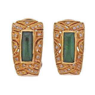 18K Gold Diamond Jade Half Hoop Earrings