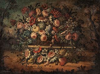 Dutch School, 18th Century Style Floral Still Life in a Landscape