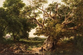 Edward Orlando Bowley (British, active 1840-1874) Summer Landscape with Grazing Deer