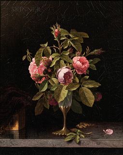 Martin Johnson Heade (American, 1819-1904) Pink Roses in a Fragile Vase