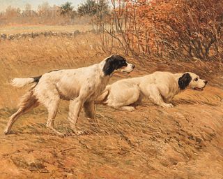 Frederick Mortimer Lamb (American, 1861-1936) Two Setters Pointing in an Autumn Field