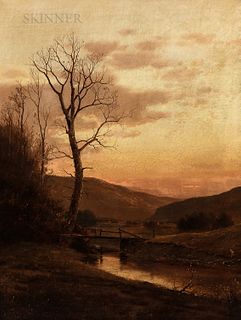 John Adams Parker Jr. (American, 1827-1905) Autumn View with Quiet River and Wooden Bridge at Dusk