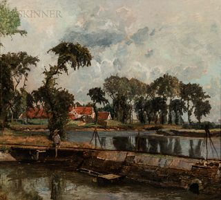 Henri Van Der Hecht (Belgian, 1841-1901) Broad Landscape with a River and Dam, Houses Beyond