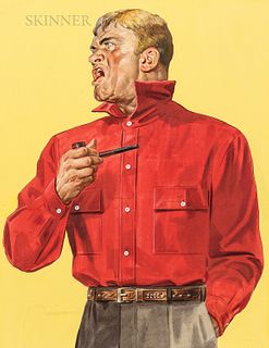 American School, 20th Century Illustration of a Man in a Red Shirt, Holding a Pipe