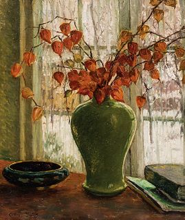 Cullen Yates (American, 1866-1945) Winter Flowers: Japanese Lanterns in a Green Vase