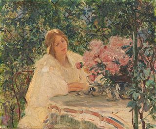 Mary Louise Fairchild MacMonnies (American, 1858-1946) Woman at Tea in a Garden