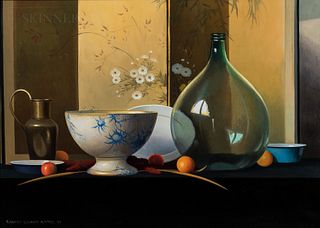 Robert Douglas Hunter (American, 1928-2014) Grand Still Life with Green Glass Bottle and Japanese Screen