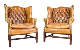Pair of English Leather Wing Chairs
