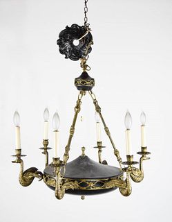 Brass and Black Chandelier with Swan Arms