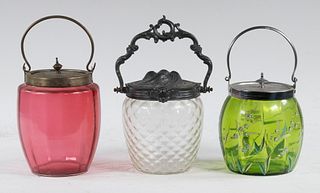 (3) ART GLASS BISCUIT JARS