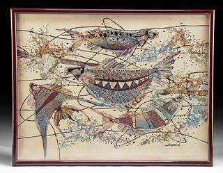 Vintage Signed & Framed M. Yono Batik Painting of Fish