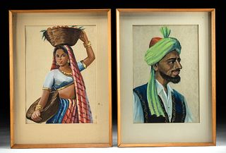 Pair of Vintage Indian Portrait Paintings - Man & Woman