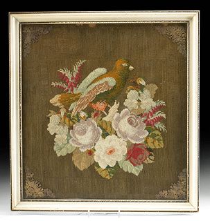 Framed Antique American Needlepoint - Bird and Flowers