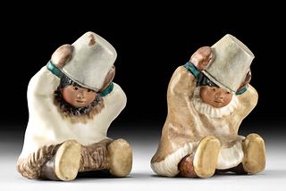 Pair 1962 Ceramic Inuit Boys w/ Pails, C. Alan Johnson