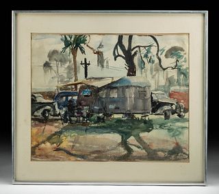 Framed William Draper Watercolor - Campsite, 1940