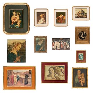 Lote de 11 cuadros decorativos.  Siglo XX.  Impresiones y oleo impresiones con reproducciones de maestros del Renacimiento.