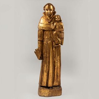 San Francisco con el Niño. México. Siglo XX. En talla de madera. Decorado con esmalte dorado.