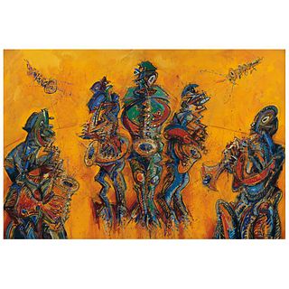 JAZZAMOART, Quinteto freejazzero, Signed and dated 99 in front, Signed and dated Mex 99 on back, Oil on canvas, 53.1 x 79.1" (135 x 201 cm)