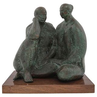 FELIPE CASTAÑEDA, Dos mujeres, Signed and dated 1976, Bronze sculpture I/IV wooden base, 13.3 x 13.7 x 8.8" (34 x 35 x 22.5 cm), Copy of certificate