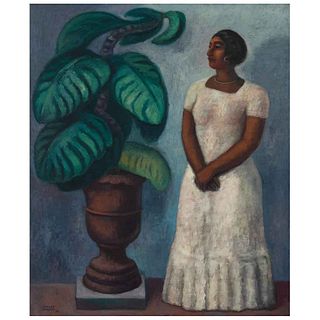 JOSÉ CHÁVEZ MORADO, Mujer y piñanona, Signed and dated 80, Oil on canvas, 47.2 x 39.3" (120 x 100 cm), Certificate