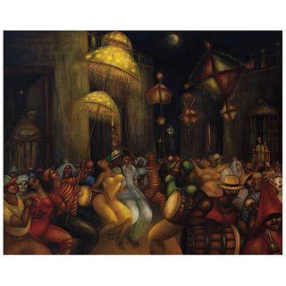 HÉCTOR MOLNÉ, Conga cubana, Signed in front, signed and dated 1989 Miami Florida on back, Oil on linen, 34.2 x 41.9" (87 x 106.5 cm)