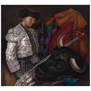 JOSÉ REYES MEZA, Bodegón taurino, Signed and dated 2000, Oil on canvas, 43.3 x 47.2" (110 x 120 cm)