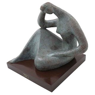 TOSIA MALAMUD, Penélope, Signed and dated 1974, Bronze sculpture, single piece on wooden base, 14.4 x 18,5 x 14.1" (36.8 x 47 x 36 cm) total size