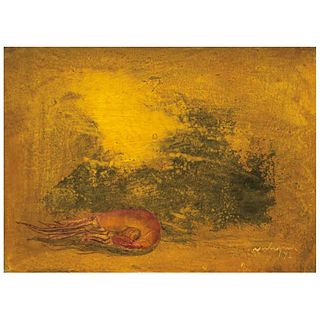 LUIS NISHIZAWA, Naturaleza muerta, Signed and dated 78 in front, Signed on back, Oil on wood, 9 x 12.5" (23 x 32 cm)