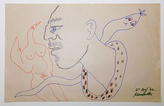 Manu Parekh Surrealist Figure Ink Drawing