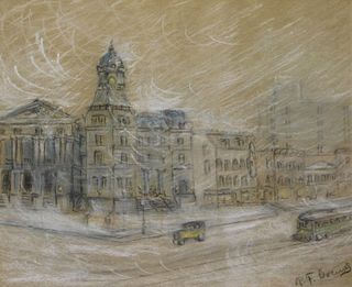 Impressionist Winter Cityscape Charcoal Drawing