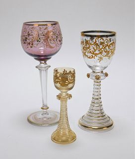 3PC Moser Enameled Flower Wine Glasses