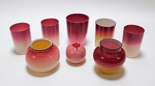 8PC Peach Blow Vase & Drinkware Group