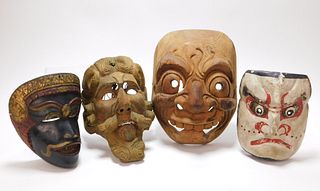 4PC Japanese Noh & Central American Carved Masks