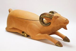 Philippines Figural Carved Wood & Metal Goat Box