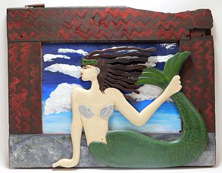 Carved Wood Folk Art Mermaid Plaque