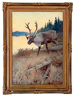 Important Philip Goodwin Caribou Painting, Illustrated for Peter's Big Game Ammunition Poster 
