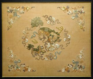19C Chinese Foo Beast Embroidered Silk